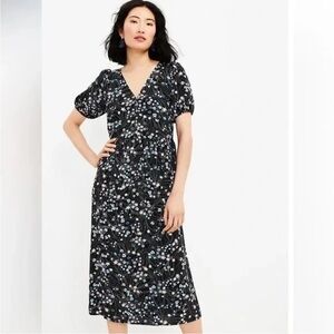 LOFT Black Floral Puff Short Sleeve Midi Dress Small